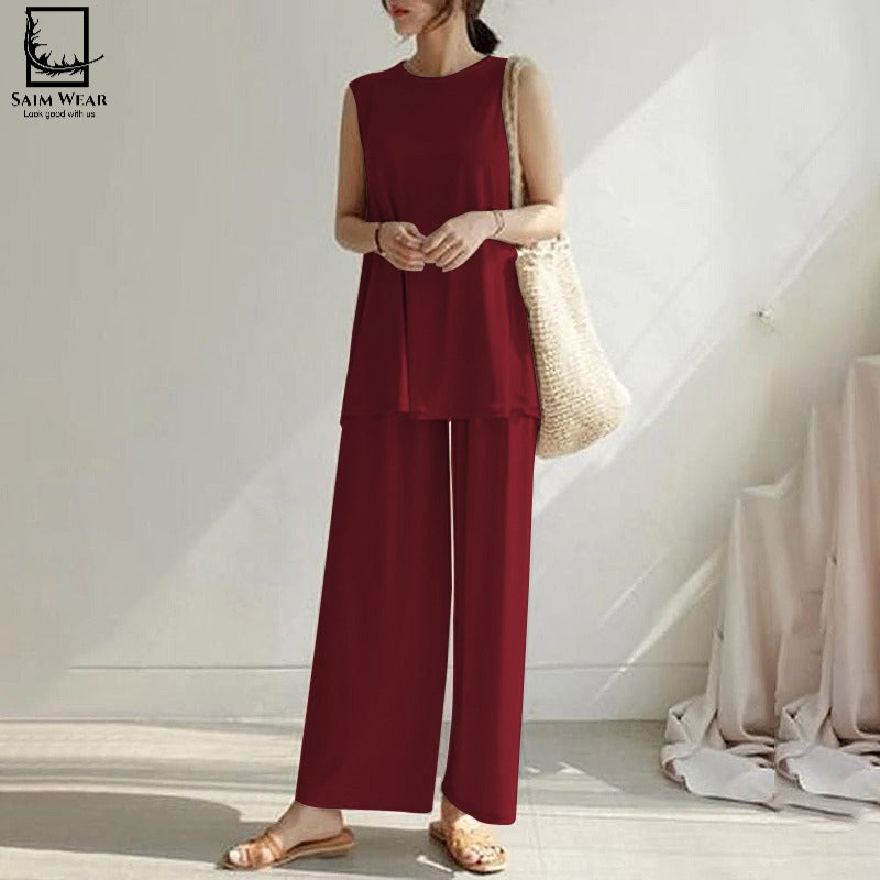 2 Pcs Set Casual Trouser Sleeveless Top Comfortable Trouser