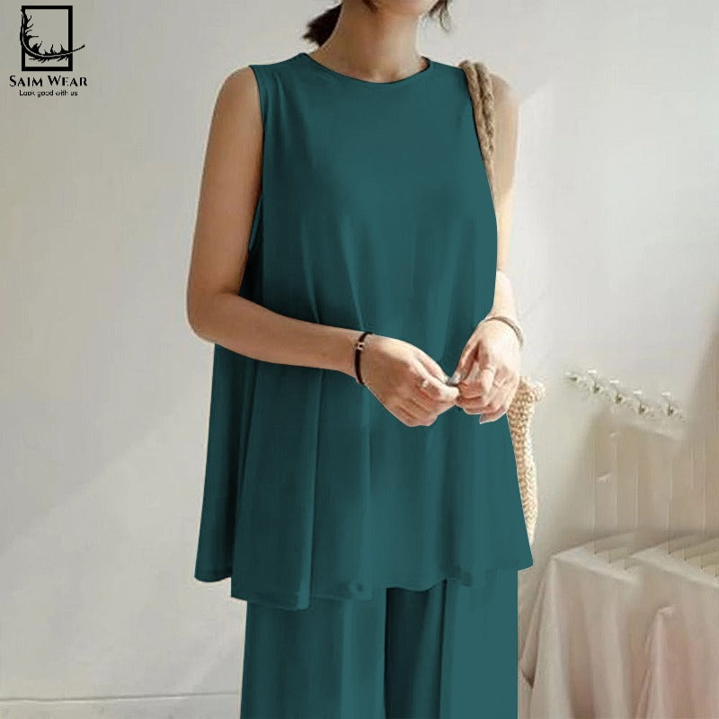 2 Pcs Set Casual Trouser Sleeveless Top Comfortable Trouser
