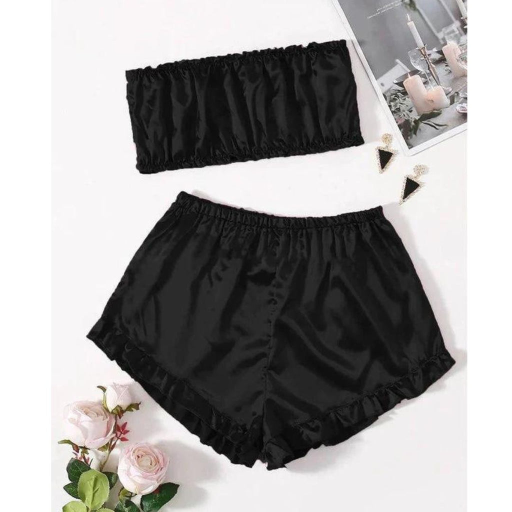 SATIN FRILL TRIM TUBE TOP & SHORTS PJ SET P48