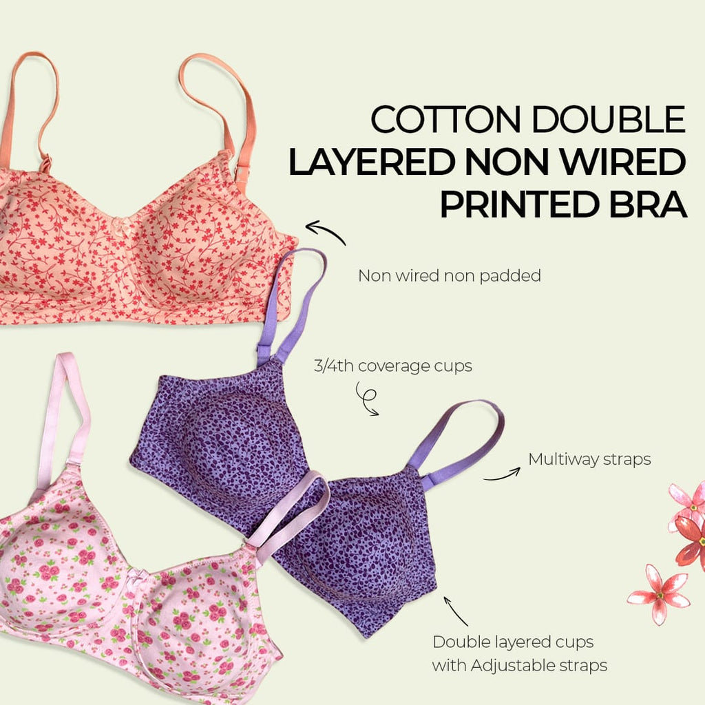 PACK OF 2 STRETCHABLE COTTON DOUBLE LAYERED NON WIRED PRINTED BRA