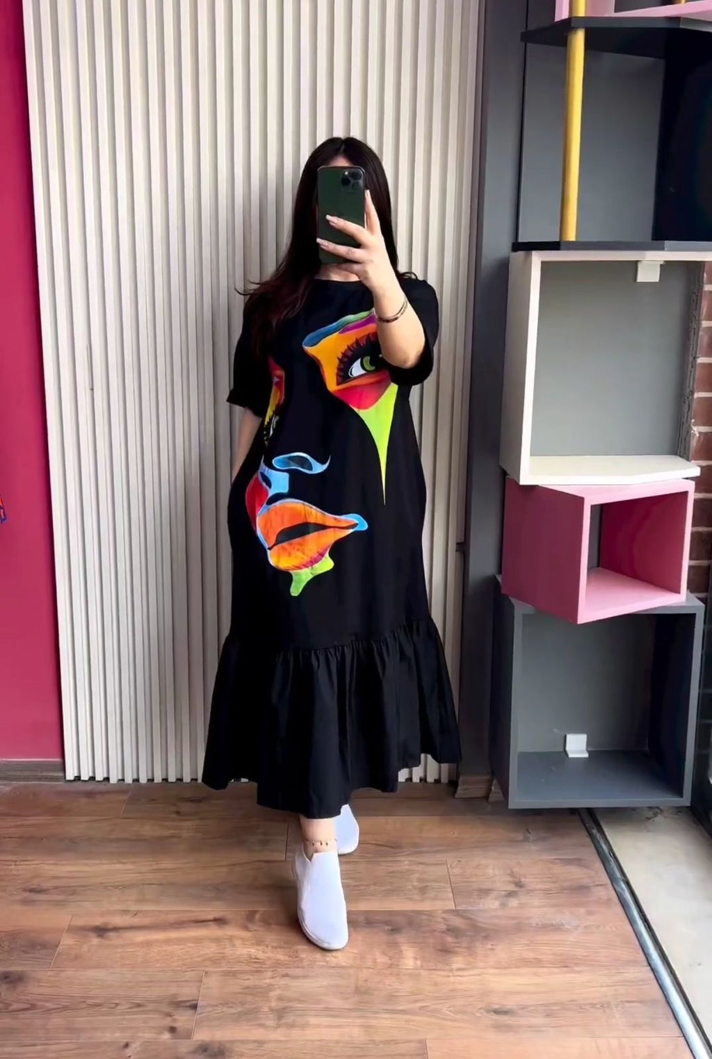 Face Printed Long Frill Top