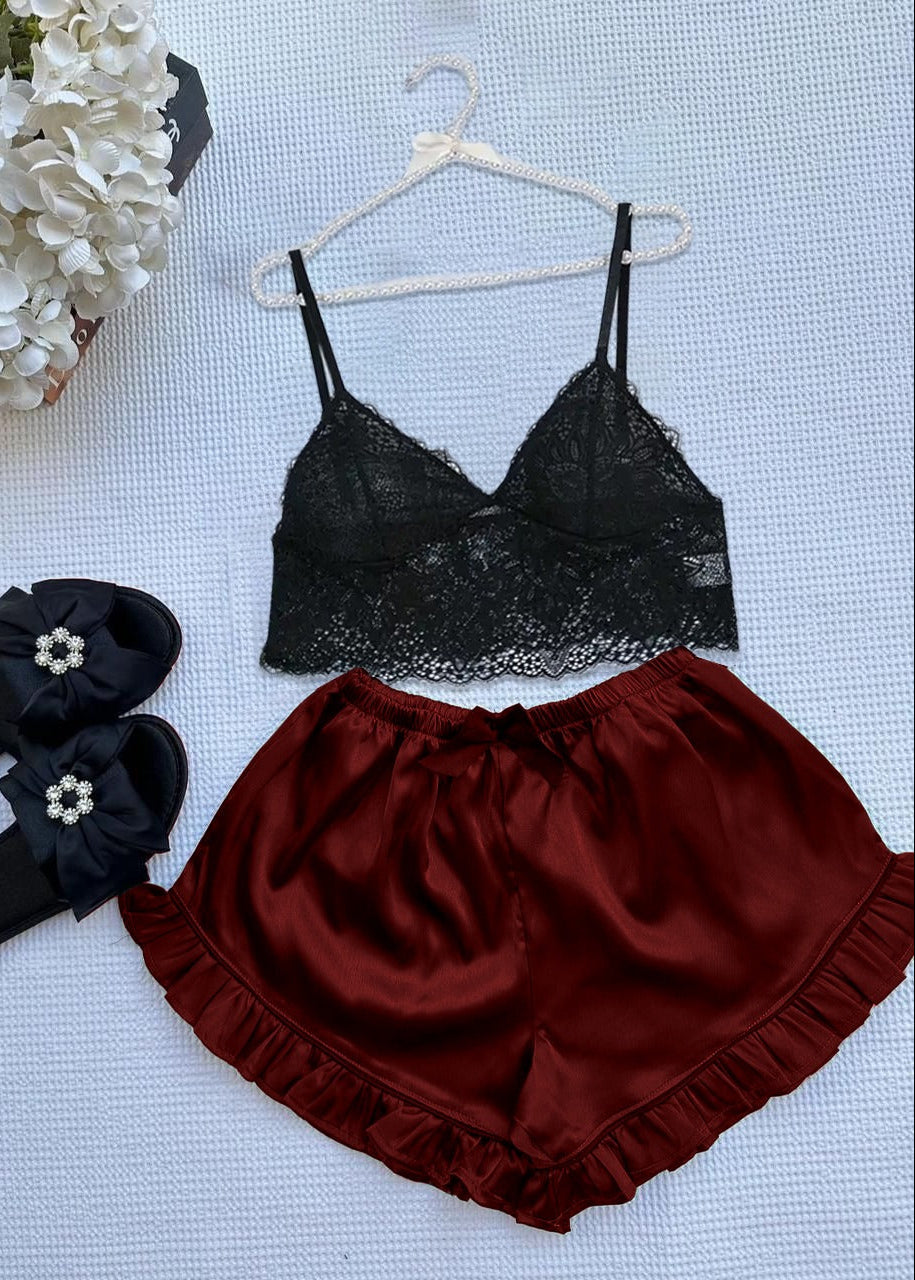 Silk Short With Net Bra Night Wear Set.