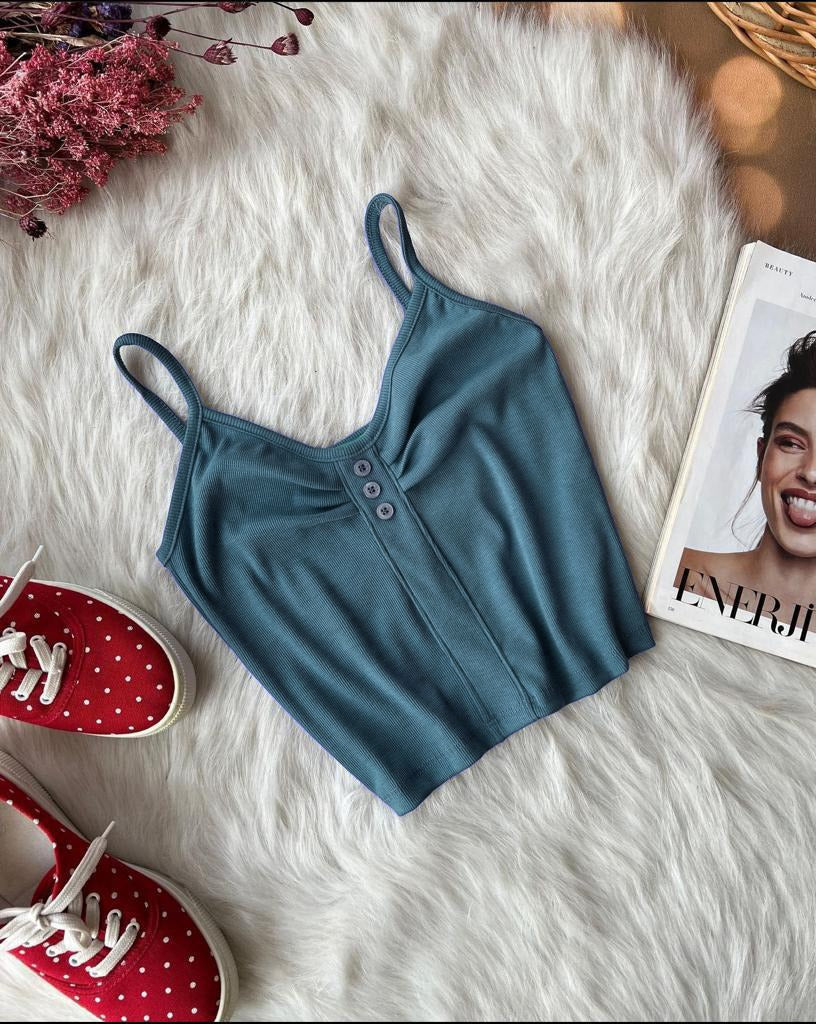 Cotton Ribbed Stretchable Button Style Crop Top Ch 385