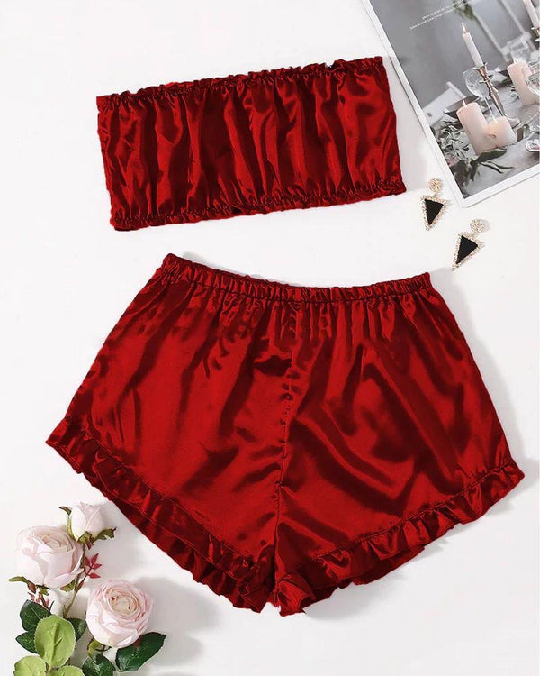 SATIN FRILL TRIM TUBE TOP & SHORTS PJ SET P48