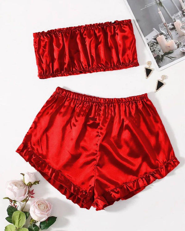 SATIN FRILL TRIM TUBE TOP & SHORTS PJ SET P48