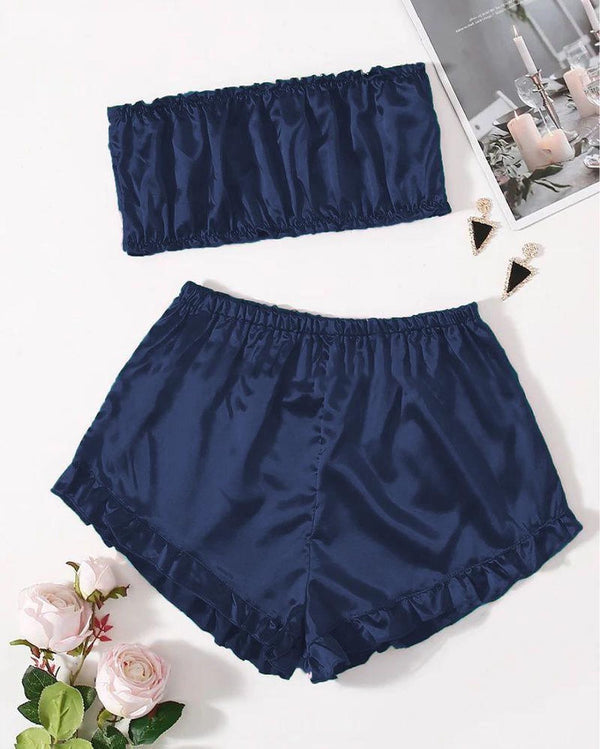 SATIN FRILL TRIM TUBE TOP & SHORTS PJ SET P48