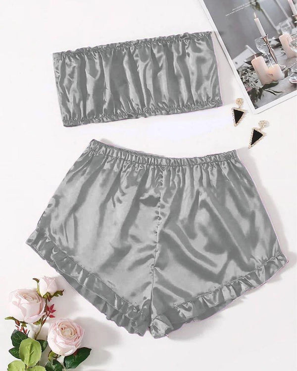 SATIN FRILL TRIM TUBE TOP & SHORTS PJ SET P48