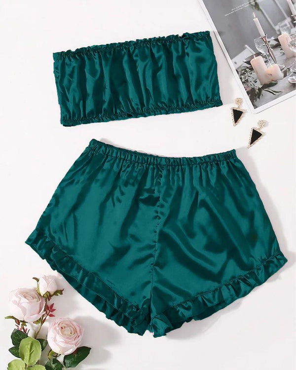 SATIN FRILL TRIM TUBE TOP & SHORTS PJ SET P48