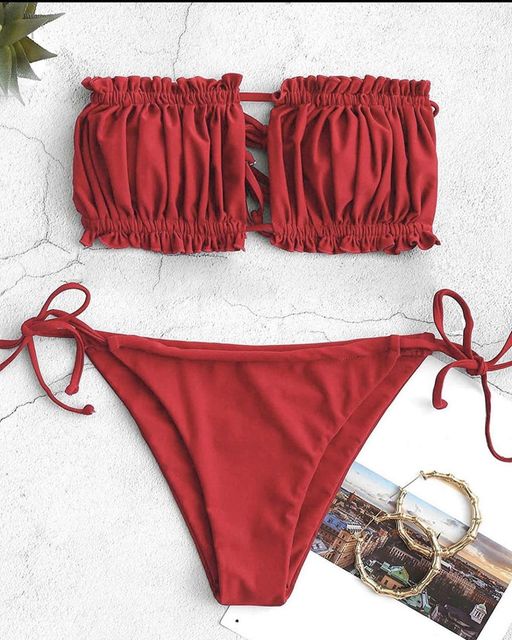 Bikini Set Ruffle Strapless Tie Side Bikini Women High Cut Strapless Low Waisted Bikini