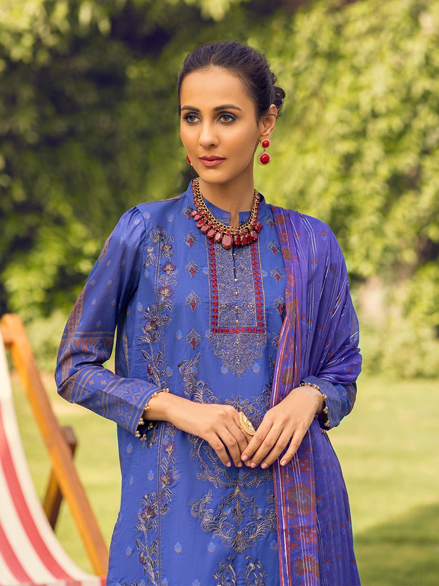 1 & Get 1 Free - Unstitched 3pc -Digital Printed Embroidered Lawn Suit With Printed Chiffon Full Zari Dupatta - Zure DOS306