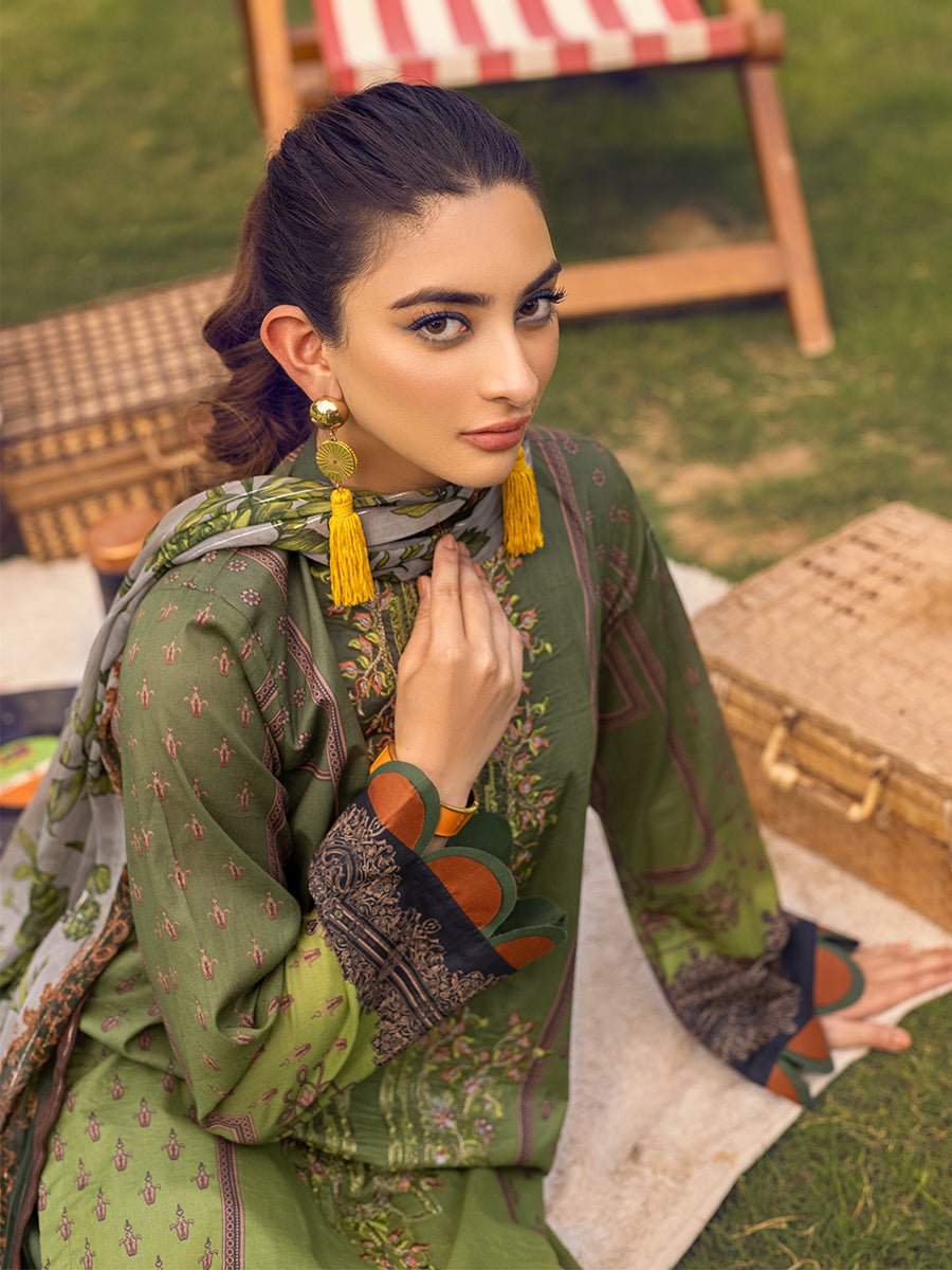 1 & Get 1 Free - Unstitched 3pc - Digital Printed Embroidered Lawn Suit With Printed Chiffon Full Zari Dupatta - Zure DOS217