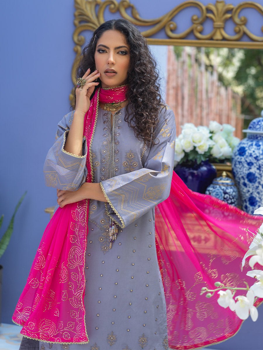 1 & Get 1 Free - Unstitched 3pc - Embroidered Lawn Suit With Mukesh Chiffon Dupatta - Oznur Vol.2 DOS302