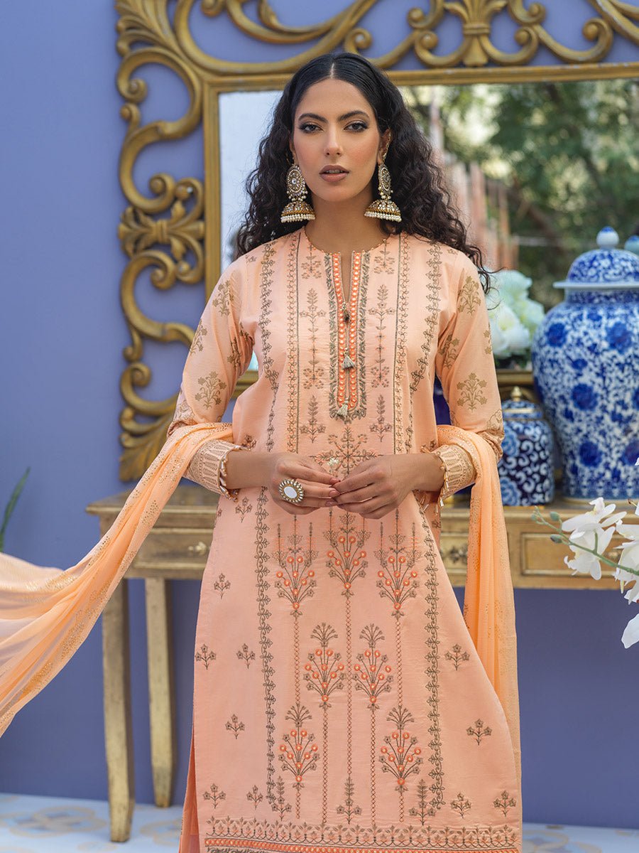 1 & Get 1 Free - Unstitched 3pc - Embroidered Lawn Suit With Mukesh Chiffon Dupatta - Oznur Vol.2 DOS303