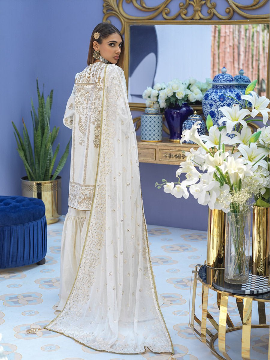 1 & Get 1 Free - Unstitched 3pc - Embroidered Lawn Suit With Mukesh Chiffon Dupatta - Oznur Vol.2 DOS304