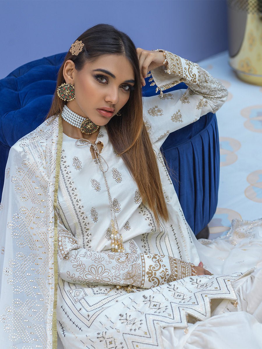 1 & Get 1 Free - Unstitched 3pc - Embroidered Lawn Suit With Mukesh Chiffon Dupatta - Oznur Vol.2 DOS304