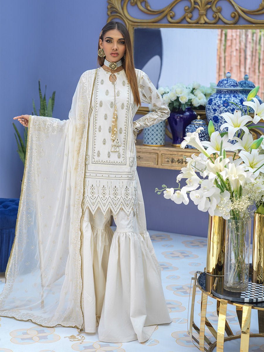 1 & Get 1 Free - Unstitched 3pc - Embroidered Lawn Suit With Mukesh Chiffon Dupatta - Oznur Vol.2 DOS304