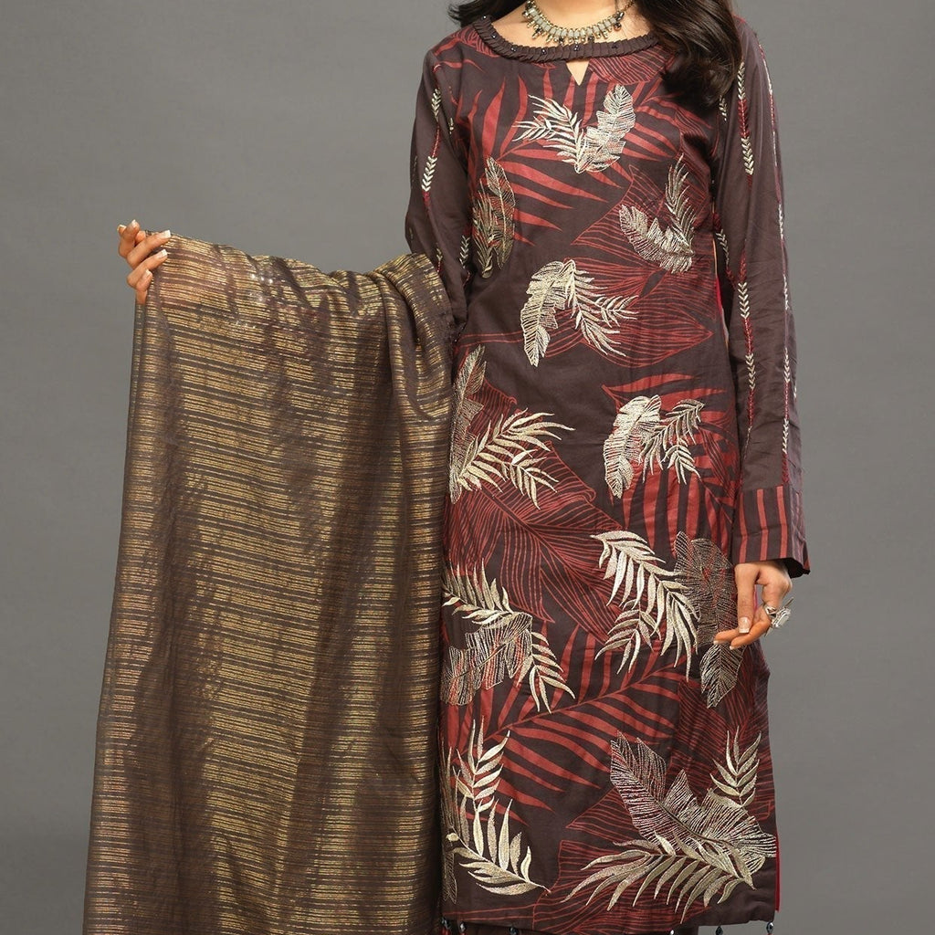 1 & Get 1 Free - Unstitched 3pc Printed Embroidered Lawn Shirt with Organza Lines Dupatta - Shades DOS309