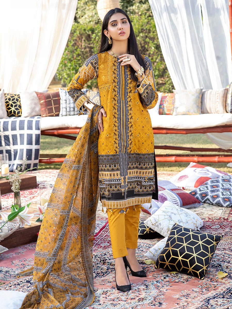 1 & Get 1 Free - Unstitched 3pc Printed Embroidered Lawn Shirt with Printed Chiffon Dupatta & Dyed Cambric Trouser - Z'ure DOS310
