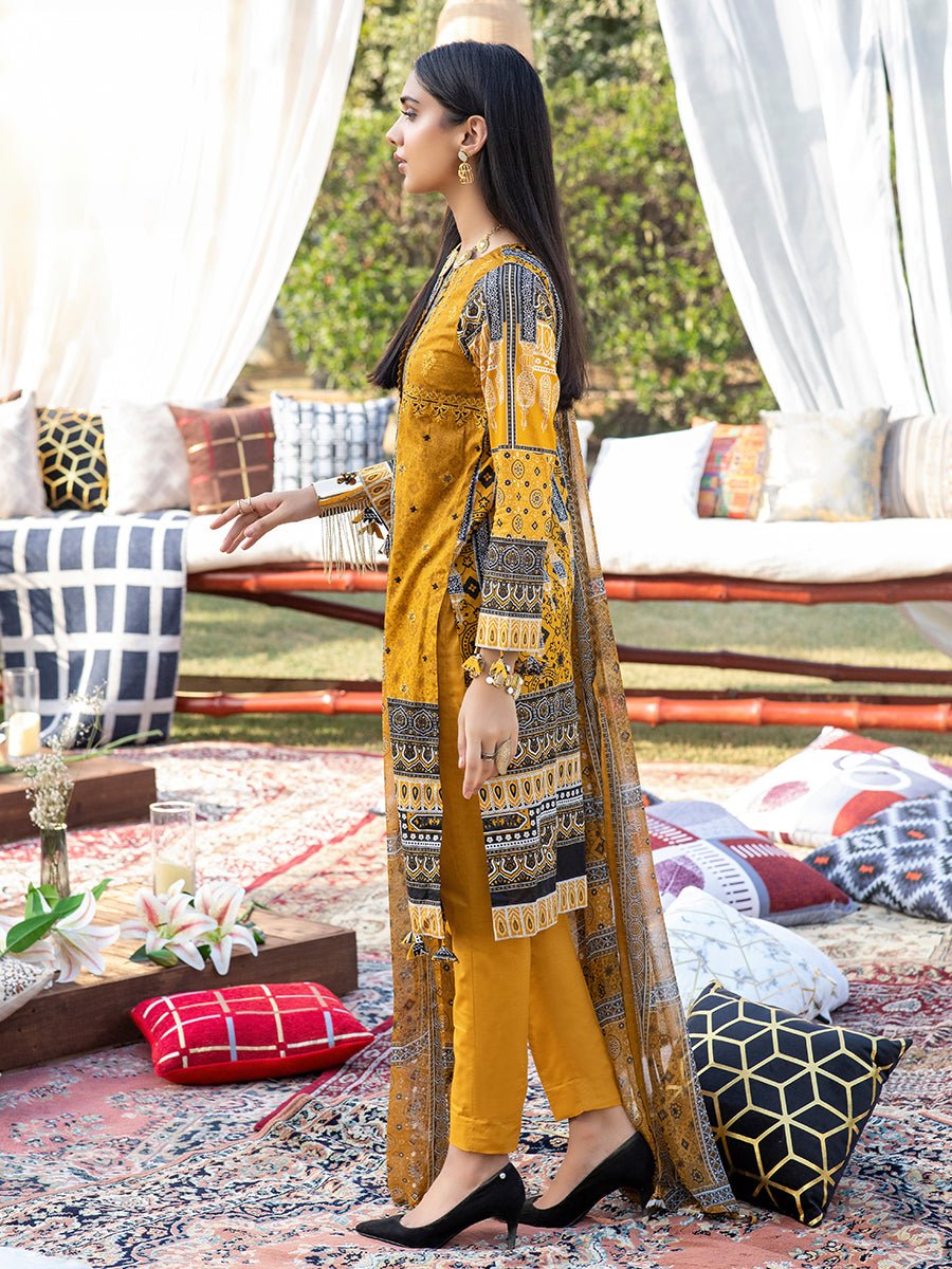 1 & Get 1 Free - Unstitched 3pc Printed Embroidered Lawn Shirt with Printed Chiffon Dupatta & Dyed Cambric Trouser - Z'ure DOS310